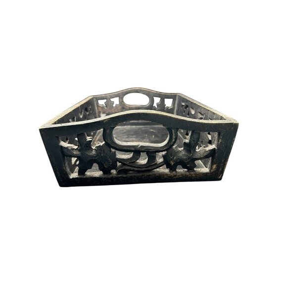 Black Carved Weathered Wood Box Tray Open work Handles Leaves Vine 12 x 8 x 3" - Picture 3 of 11